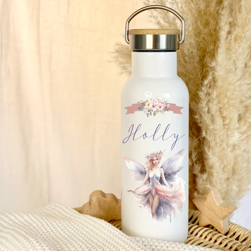 Trinkflasche "Elfen Fee" für Mädchen personalisiert mit Namen | Thermosflasche aus Edelstahl mit Bambusdeckel für Kinder Teenager Schule Kita 500ml