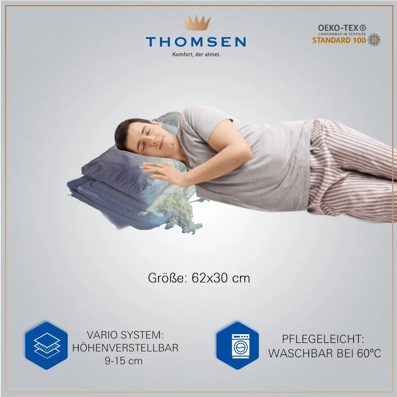 Thomsen Anti-Schnarch Kissen - Kopfkissen gegen Schnarchen aus Talalay Latex mit Kopf-Seiten-Roller