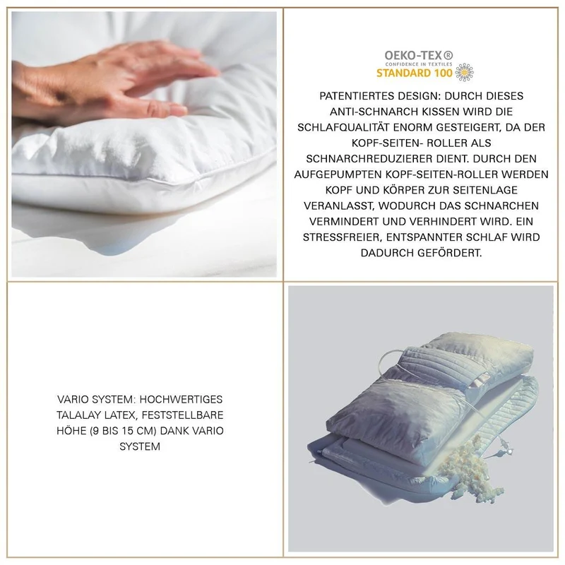 Thomsen Anti-Schnarch Kissen - Kopfkissen gegen Schnarchen aus Talalay Latex mit Kopf-Seiten-Roller