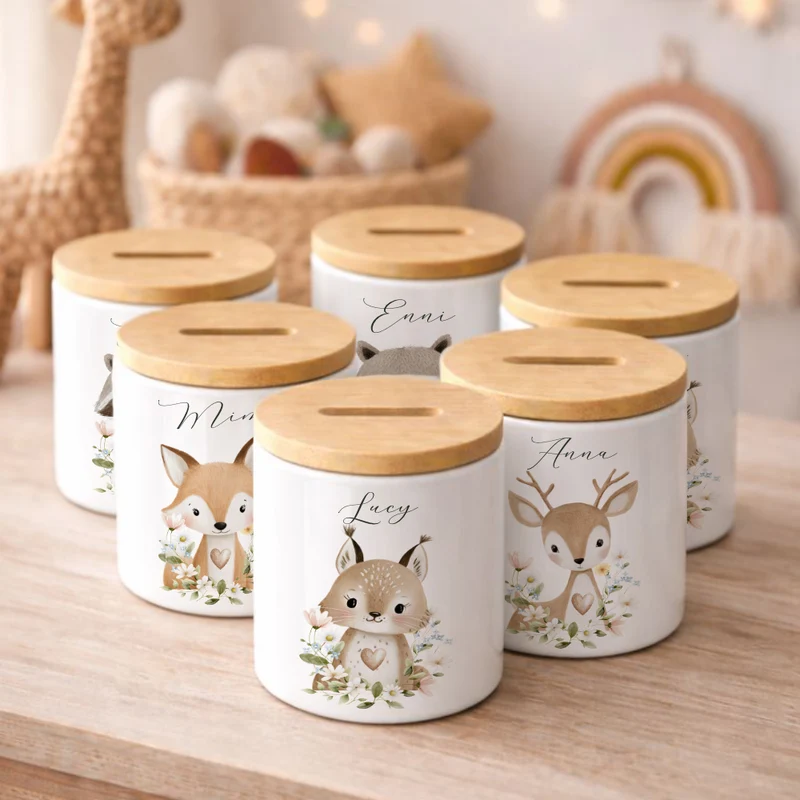 Personalisierte Spardose aus Keramik mit Bambusdeckel – Süße Waldtiere Motive im Boho-Stil – Sparbüchse mit Namen für Kinder