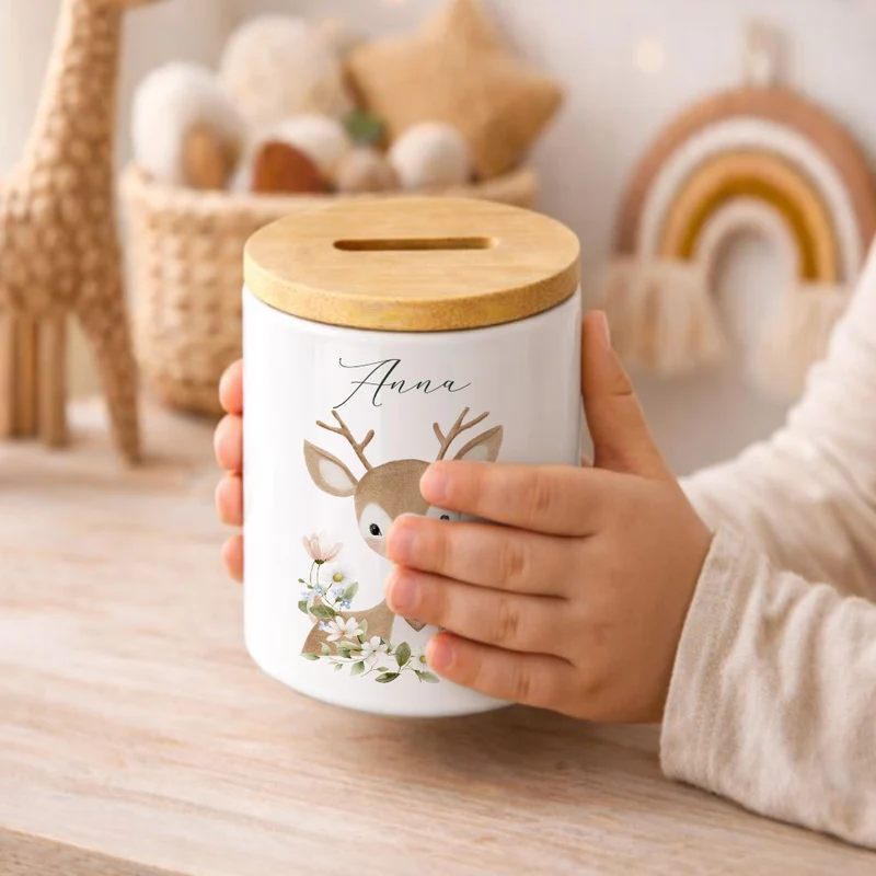 Personalisierte Spardose aus Keramik mit Bambusdeckel – Süße Waldtiere Motive im Boho-Stil – Sparbüchse mit Namen für Kinder