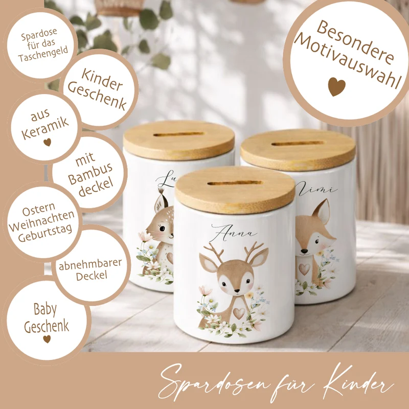 Personalisierte Spardose aus Keramik mit Bambusdeckel – Süße Waldtiere Motive im Boho-Stil – Sparbüchse mit Namen für Kinder