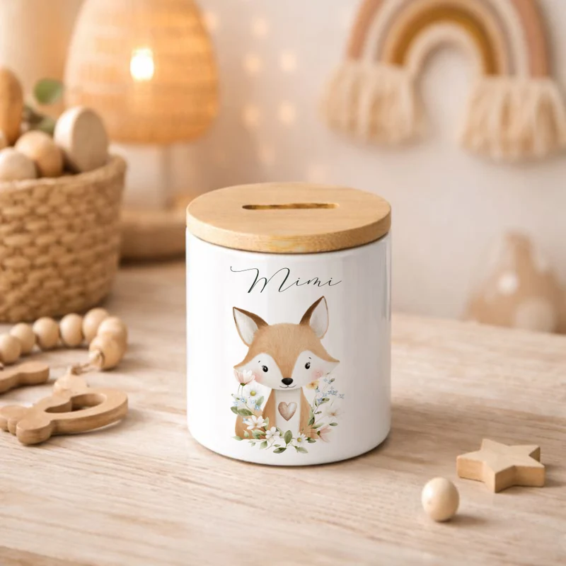 Personalisierte Spardose aus Keramik mit Bambusdeckel – Süße Waldtiere Motive im Boho-Stil – Sparbüchse mit Namen für Kinder