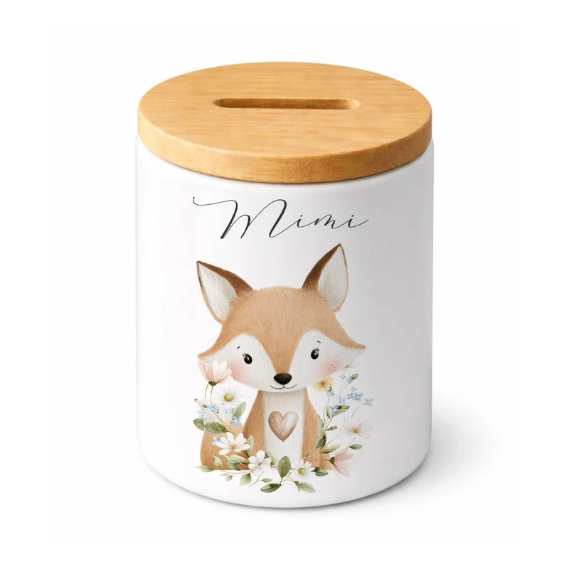 Personalisierte Spardose aus Keramik mit Bambusdeckel – Süße Waldtiere Motive im Boho-Stil – Sparbüchse mit Namen für Kinder