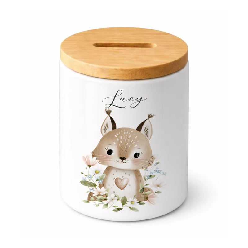 Personalisierte Spardose aus Keramik mit Bambusdeckel – Süße Waldtiere Motive im Boho-Stil – Sparbüchse mit Namen für Kinder