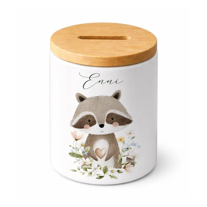 Personalisierte Spardose aus Keramik mit Bambusdeckel – Süße Waldtiere Motive im Boho-Stil – Sparbüchse mit Namen für Kinder