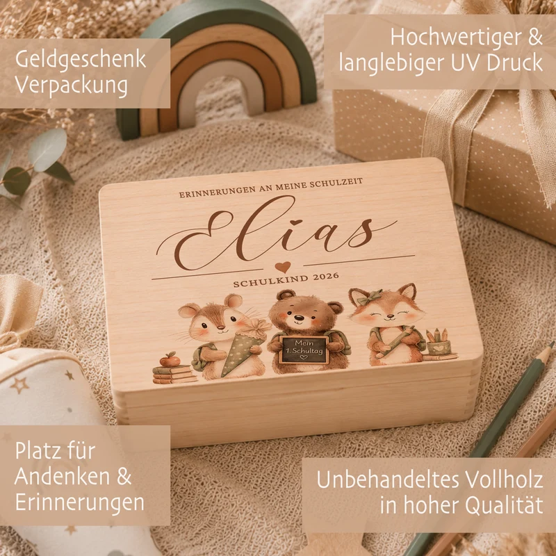Erinnerungskiste Einschulung mit Namen | Schulkind 2026 | Personalisierte Holzbox