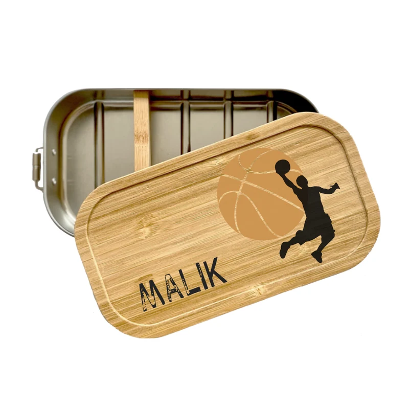 Brotdose "Basketball" mit Bambusdeckel und Namen für Ihn, Männer, Jungen, Frauen, Mädchen | Lunchbox mit Basketballspieler | Personalisierte Geschenkidee zum Sport