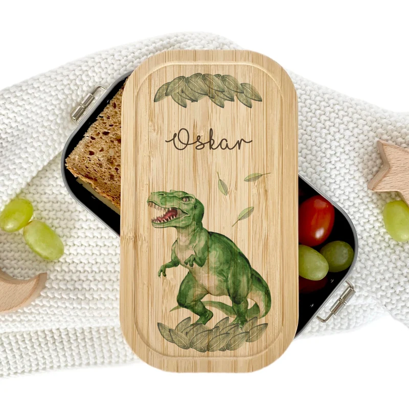 Brotdose "Dino" wählbar in Edelstahl mit Bambusdeckel und Namen für Kinder | Wählbar in Edelstahl | Lunchbox mit Dinosaurier | Personalisiertes Geschenk für Kinder