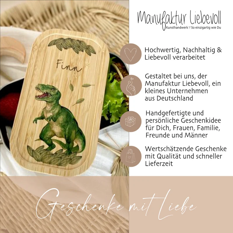 Brotdose "Dino" wählbar in Edelstahl mit Bambusdeckel und Namen für Kinder | Wählbar in Edelstahl | Lunchbox mit Dinosaurier | Personalisiertes Geschenk für Kinder