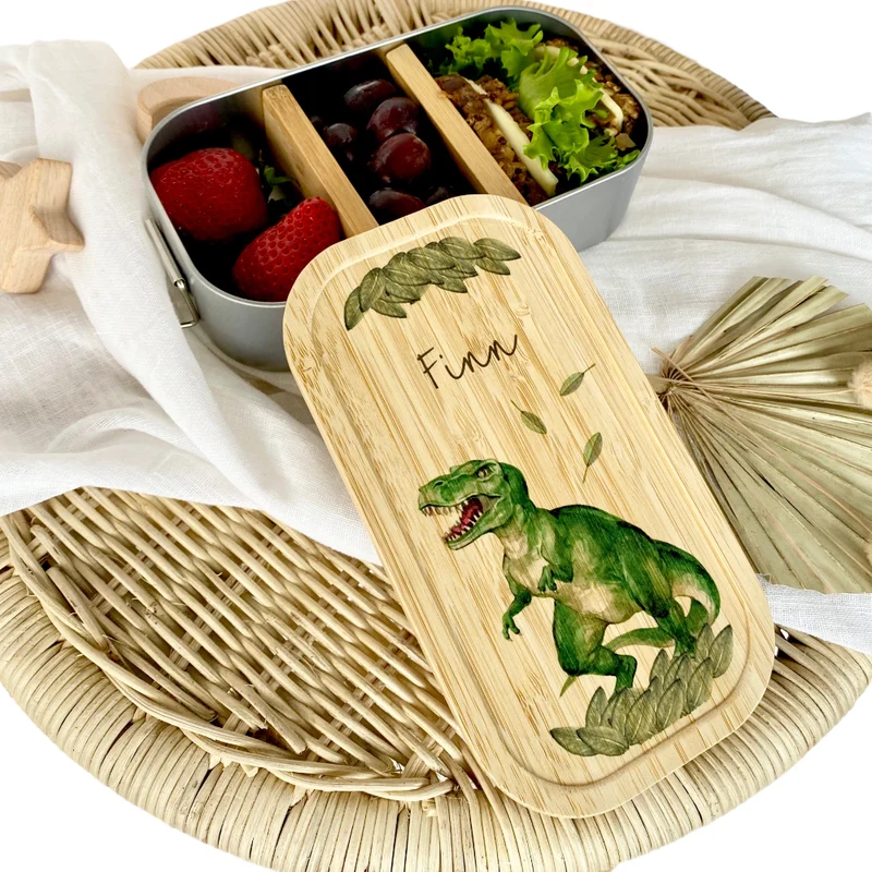 Brotdose "Dino" wählbar in Edelstahl mit Bambusdeckel und Namen für Kinder | Wählbar in Edelstahl | Lunchbox mit Dinosaurier | Personalisiertes Geschenk für Kinder