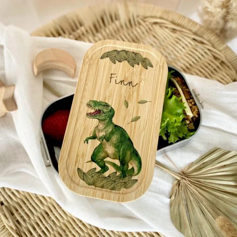 Brotdose "Dino" wählbar in Edelstahl mit Bambusdeckel und Namen für Kinder | Wählbar in Edelstahl | Lunchbox mit Dinosaurier | Personalisiertes Geschenk für Kinder