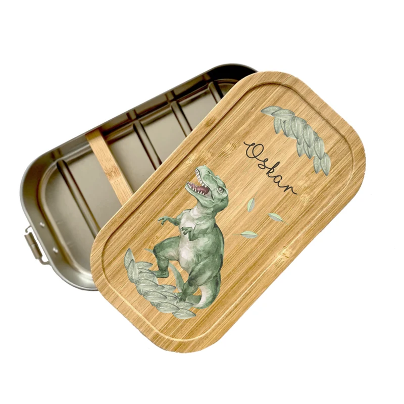 Brotdose "Dino" wählbar in Edelstahl mit Bambusdeckel und Namen für Kinder | Wählbar in Edelstahl | Lunchbox mit Dinosaurier | Personalisiertes Geschenk für Kinder