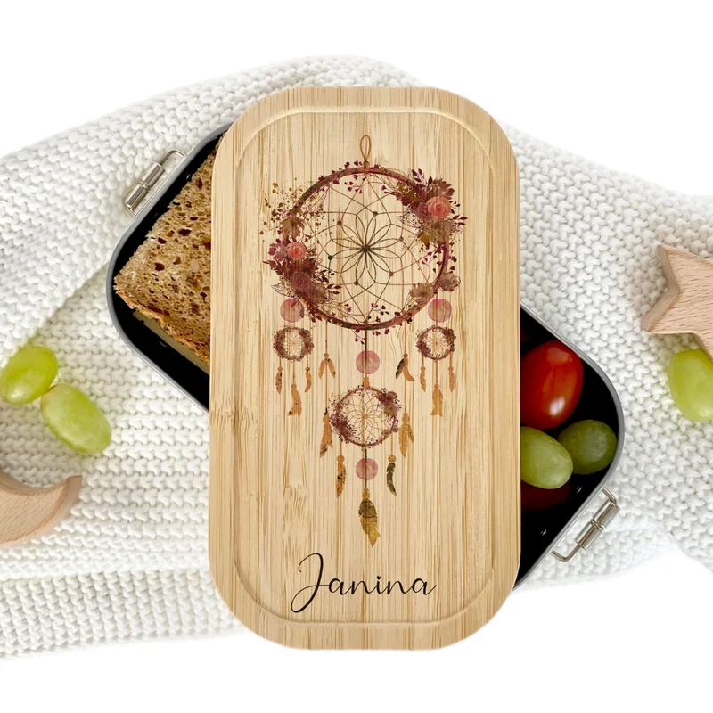 Brotdose "Traumfänger" mit Bambusdeckel und Namen für Frauen | Lunchbox mit Traumfänger | Wählbar in Edelstahl | Personalisierte Geschenkidee fürs Büro, Freizeit, Reisen, Achtsamkeit