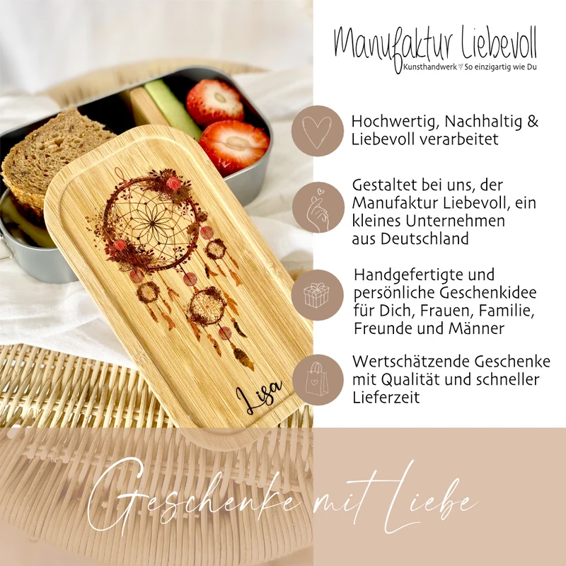 Brotdose "Traumfänger" mit Bambusdeckel und Namen für Frauen | Lunchbox mit Traumfänger | Wählbar in Edelstahl | Personalisierte Geschenkidee fürs Büro, Freizeit, Reisen, Achtsamkeit