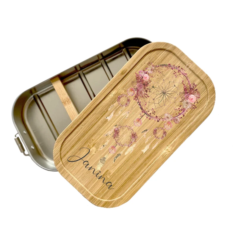Brotdose "Traumfänger" mit Bambusdeckel und Namen für Frauen | Lunchbox mit Traumfänger | Wählbar in Edelstahl | Personalisierte Geschenkidee fürs Büro, Freizeit, Reisen, Achtsamkeit