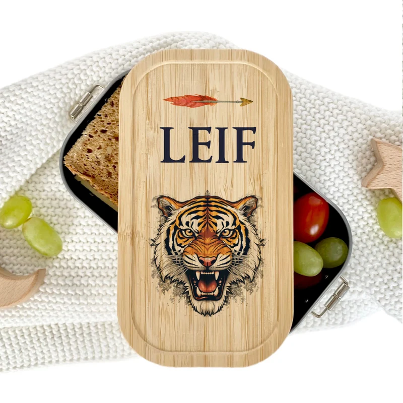 Brotdose "Tiger" wählbar in Edelstahl mit Bambusdeckel und Namen für Kinder u. Teenager | Brotdose mit coolem Tiermotiv | Personalisiertes Geschenk für Kinder