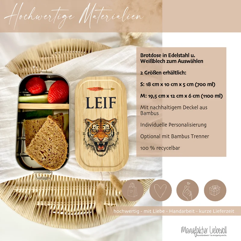 Brotdose "Tiger" wählbar in Edelstahl mit Bambusdeckel und Namen für Kinder u. Teenager | Brotdose mit coolem Tiermotiv | Personalisiertes Geschenk für Kinder