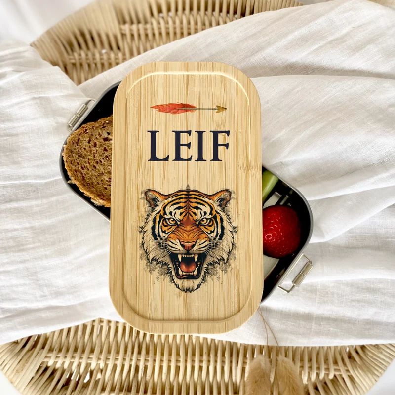 Brotdose "Tiger" wählbar in Edelstahl mit Bambusdeckel und Namen für Kinder u. Teenager | Brotdose mit coolem Tiermotiv | Personalisiertes Geschenk für Kinder