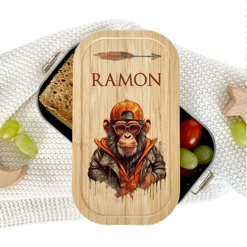 Brotdose "Affe" wählbar in Edelstahl mit Bambusdeckel und Namen für Kinder u. Teenager | Brotdose mit coolem Schimpansen | Personalisiertes Geschenk für Kinder