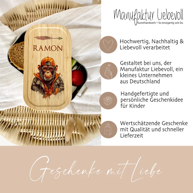 Brotdose "Affe" wählbar in Edelstahl mit Bambusdeckel und Namen für Kinder u. Teenager | Brotdose mit coolem Schimpansen | Personalisiertes Geschenk für Kinder
