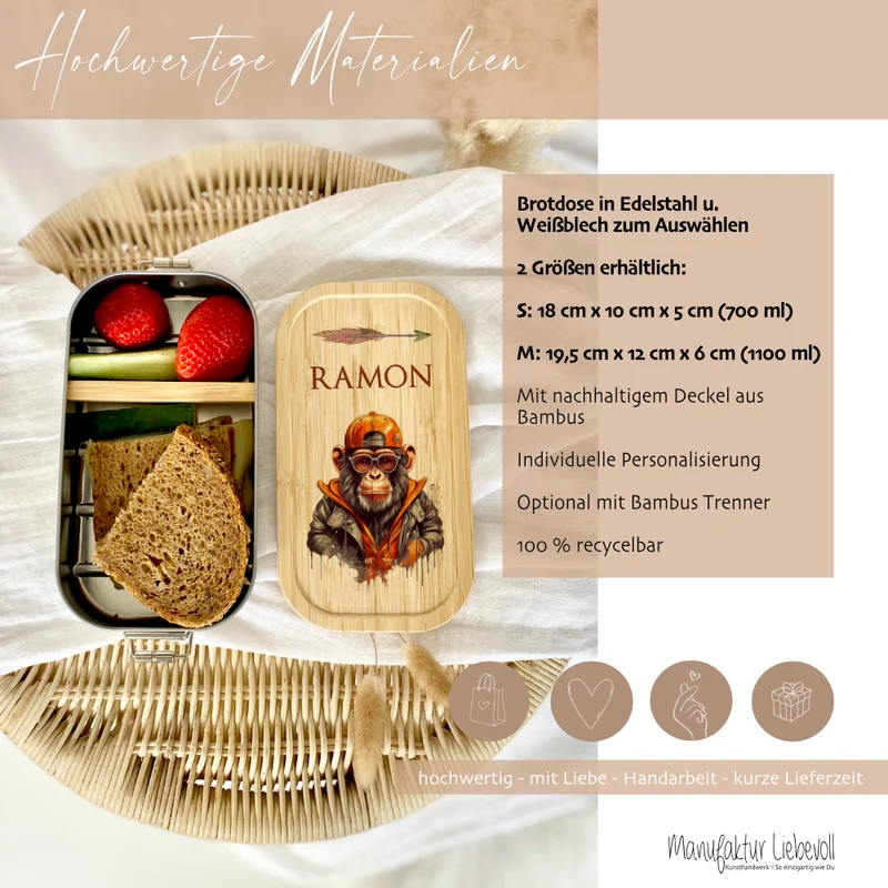 Brotdose "Affe" wählbar in Edelstahl mit Bambusdeckel und Namen für Kinder u. Teenager | Brotdose mit coolem Schimpansen | Personalisiertes Geschenk für Kinder