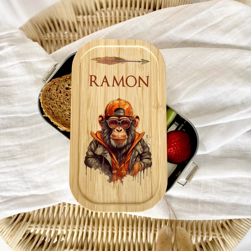 Brotdose "Affe" wählbar in Edelstahl mit Bambusdeckel und Namen für Kinder u. Teenager | Brotdose mit coolem Schimpansen | Personalisiertes Geschenk für Kinder