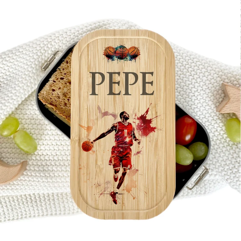 Lunchbox "Basketball" wählbar in Edelstahl mit Bambusdeckel und Namen für Kinder | Brotbox mit Basketballspieler | Personalisiertes Geschenk für Kinder