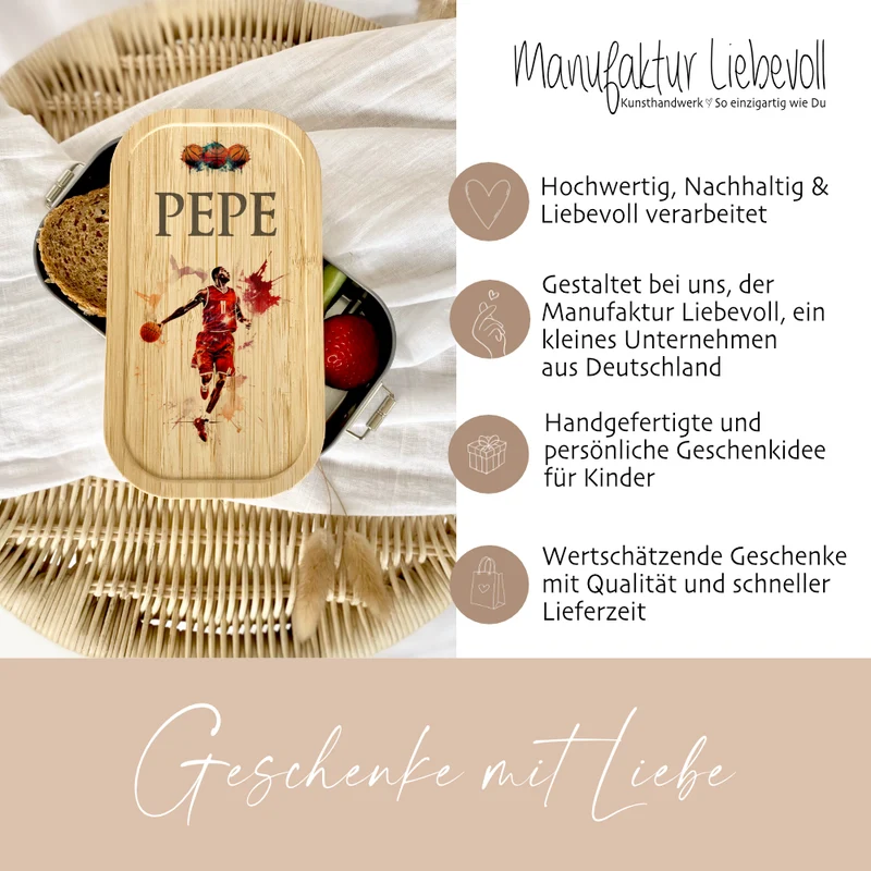 Lunchbox "Basketball" wählbar in Edelstahl mit Bambusdeckel und Namen für Kinder | Brotbox mit Basketballspieler | Personalisiertes Geschenk für Kinder