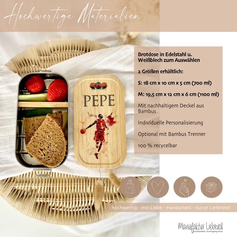 Lunchbox "Basketball" wählbar in Edelstahl mit Bambusdeckel und Namen für Kinder | Brotbox mit Basketballspieler | Personalisiertes Geschenk für Kinder