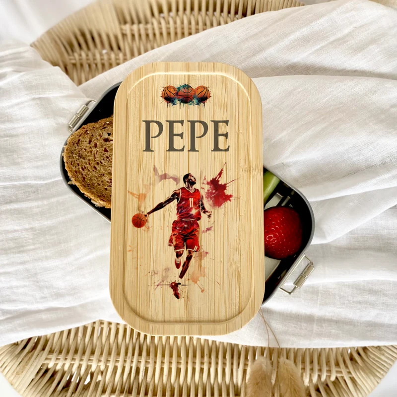 Lunchbox "Basketball" wählbar in Edelstahl mit Bambusdeckel und Namen für Kinder | Brotbox mit Basketballspieler | Personalisiertes Geschenk für Kinder