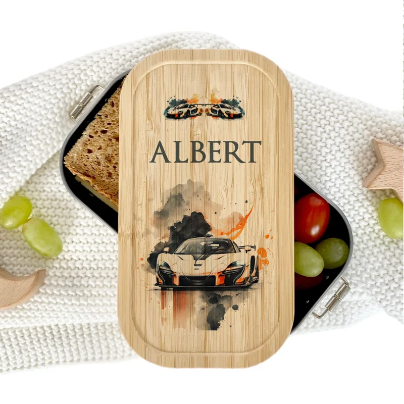 Lunchbox "Rennauto" wählbar in Edelstahl mit Bambusdeckel und Namen für Kinder | Auto Rennwagen Sportwagen Brotdose | Personalisiertes Geschenk für Kinder