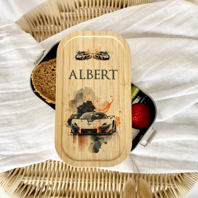 Lunchbox "Rennauto" wählbar in Edelstahl mit Bambusdeckel und Namen für Kinder | Auto Rennwagen Sportwagen Brotdose | Personalisiertes Geschenk für Kinder