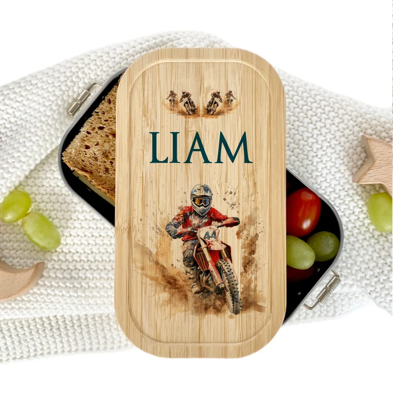 Lunchbox "Motorrad" wählbar in Edelstahl mit Bambusdeckel und Namen für Kinder Teenager | Brotdose mit Motocross Motorradfahrer Motiv | Personalisiertes Geschenk für Kinder