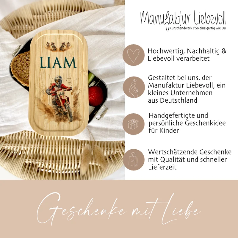 Lunchbox "Motorrad" wählbar in Edelstahl mit Bambusdeckel und Namen für Kinder Teenager | Brotdose mit Motocross Motorradfahrer Motiv | Personalisiertes Geschenk für Kinder