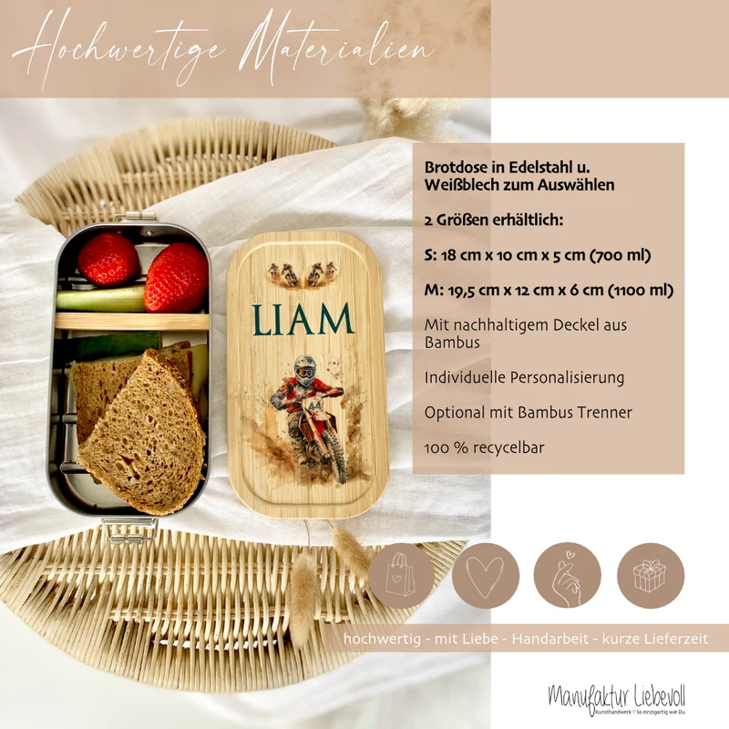 Lunchbox "Motorrad" wählbar in Edelstahl mit Bambusdeckel und Namen für Kinder Teenager | Brotdose mit Motocross Motorradfahrer Motiv | Personalisiertes Geschenk für Kinder