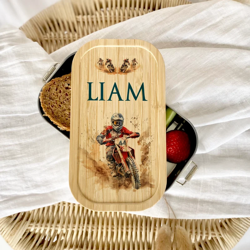 Lunchbox "Motorrad" wählbar in Edelstahl mit Bambusdeckel und Namen für Kinder Teenager | Brotdose mit Motocross Motorradfahrer Motiv | Personalisiertes Geschenk für Kinder