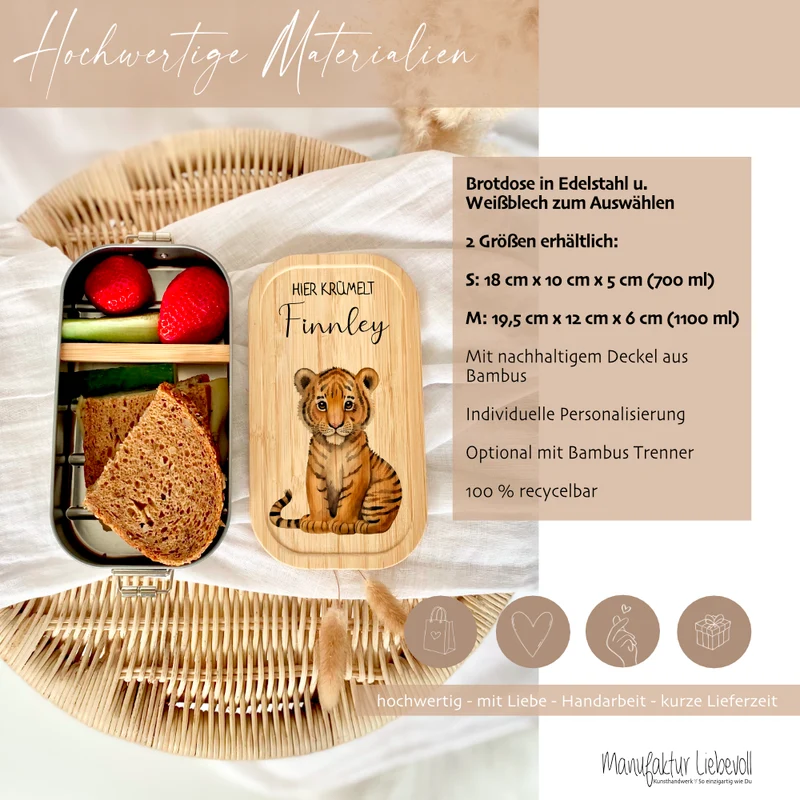 brotdose "Tiger" wählbar in Edelstahl mit Bambusdeckel und Namen für Kinder | Brotdose mit Tiger | Personalisiertes Geschenk für Kinder