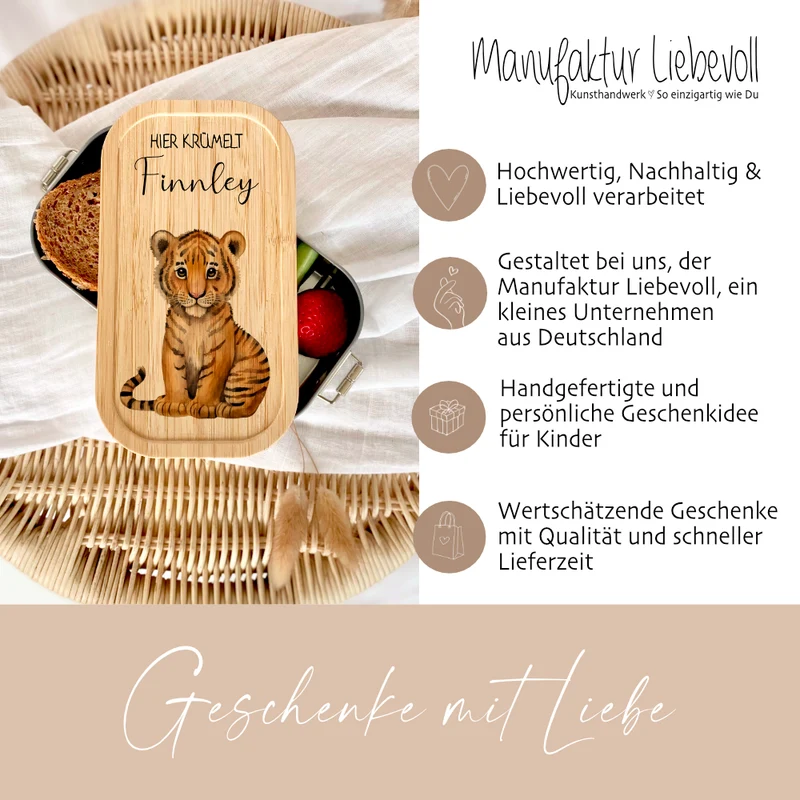brotdose "Tiger" wählbar in Edelstahl mit Bambusdeckel und Namen für Kinder | Brotdose mit Tiger | Personalisiertes Geschenk für Kinder