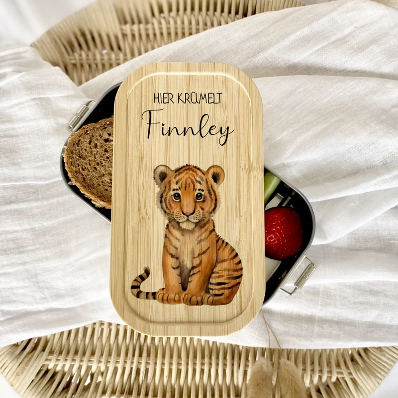 brotdose "Tiger" wählbar in Edelstahl mit Bambusdeckel und Namen für Kinder | Brotdose mit Tiger | Personalisiertes Geschenk für Kinder
