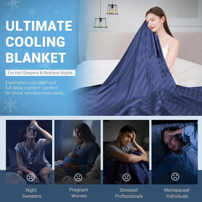 Elegear Cooling Blanket – Q-Max > 0.5, Striped & Breathable for Hot Sleepers of Navy Blue