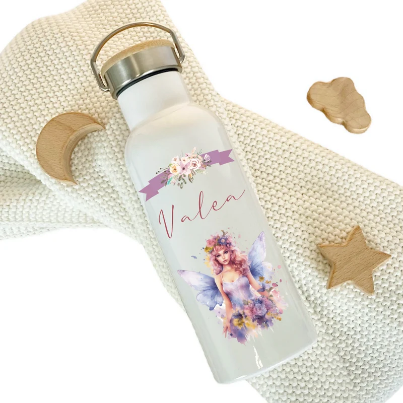 Trinkflasche "Elfe - Fee" für Mädchen mit Namen personalisiert | Thermosflasche aus Edelstahl mit Bambusdeckel für Kinder Teenager Schule Kita 500ml