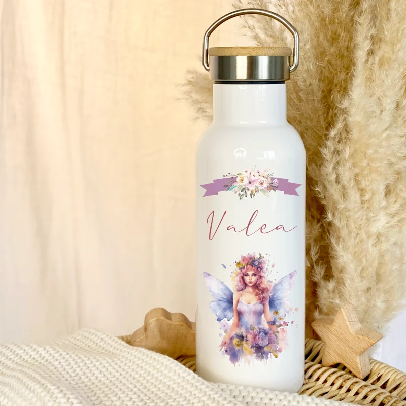 Trinkflasche "Elfe - Fee" für Mädchen mit Namen personalisiert | Thermosflasche aus Edelstahl mit Bambusdeckel für Kinder Teenager Schule Kita 500ml