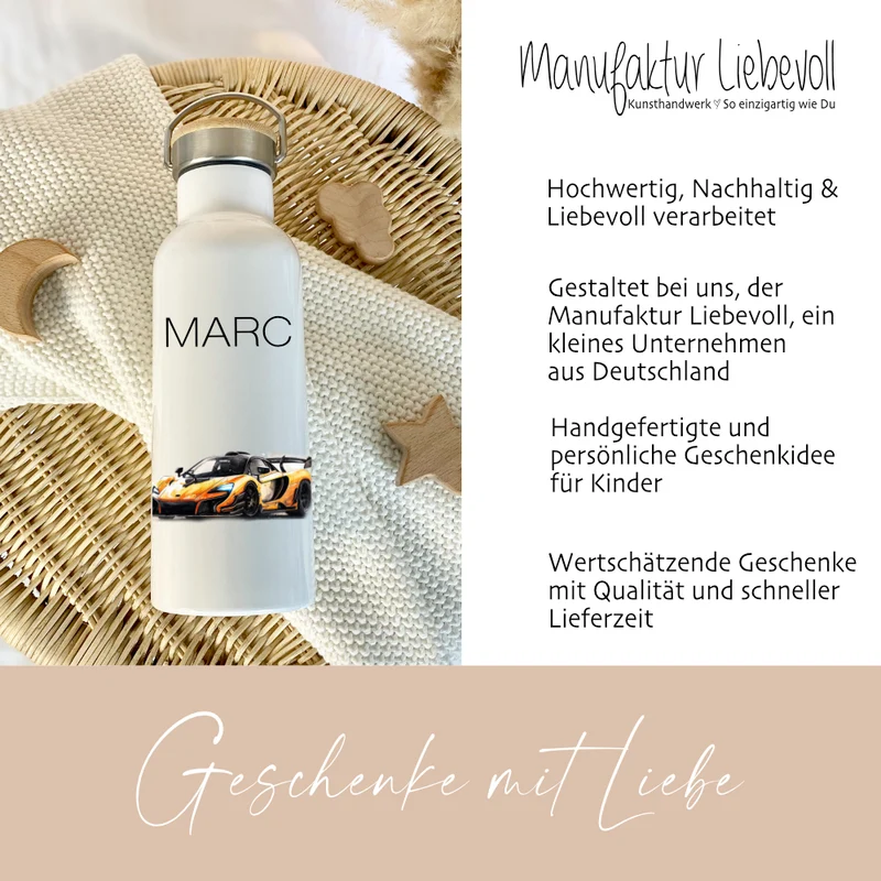 Kinder Trinkflasche "Auto" für Kinder mit Namen personalisiert | Thermosflasche Rennauto aus Edelstahl mit Bambusdeckel für Jungen & Teenager | 500ml
