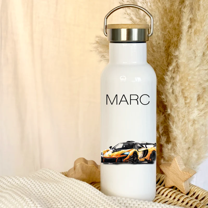 Kinder Trinkflasche "Auto" für Kinder mit Namen personalisiert | Thermosflasche Rennauto aus Edelstahl mit Bambusdeckel für Jungen & Teenager | 500ml