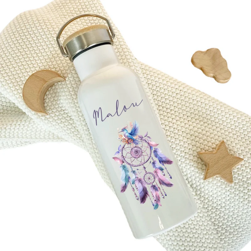 Personalisierte Trinkflasche "Traumfänger" für Mädchen mit Namen | Thermosflasche aus Edelstahl mit Bambusdeckel für Kinder Teenager Schule Kita 500ml