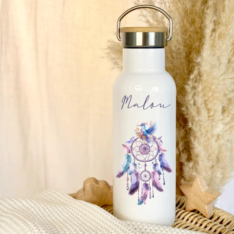 Personalisierte Trinkflasche "Traumfänger" für Mädchen mit Namen | Thermosflasche aus Edelstahl mit Bambusdeckel für Kinder Teenager Schule Kita 500ml