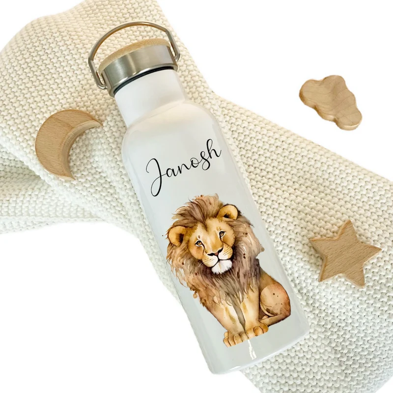Kinder Trinkflasche "Löwe" personalisiert für Jungen / Mädchen mit Namen | Edelstahl Thermosflasche Tiermotiv mit Bambusdeckel | Kita Schule 500ml