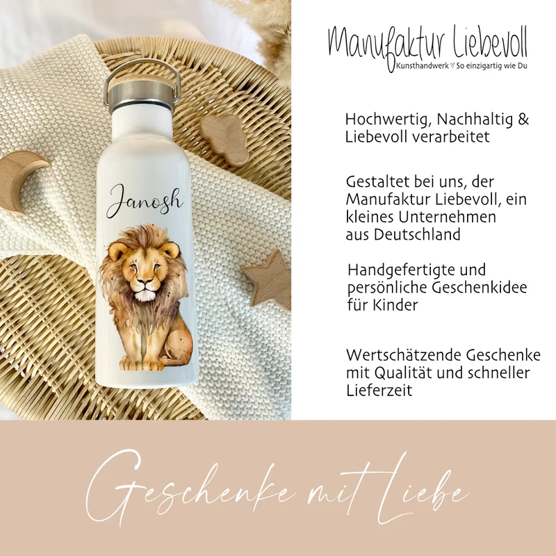 Kinder Trinkflasche "Löwe" personalisiert für Jungen / Mädchen mit Namen | Edelstahl Thermosflasche Tiermotiv mit Bambusdeckel | Kita Schule 500ml