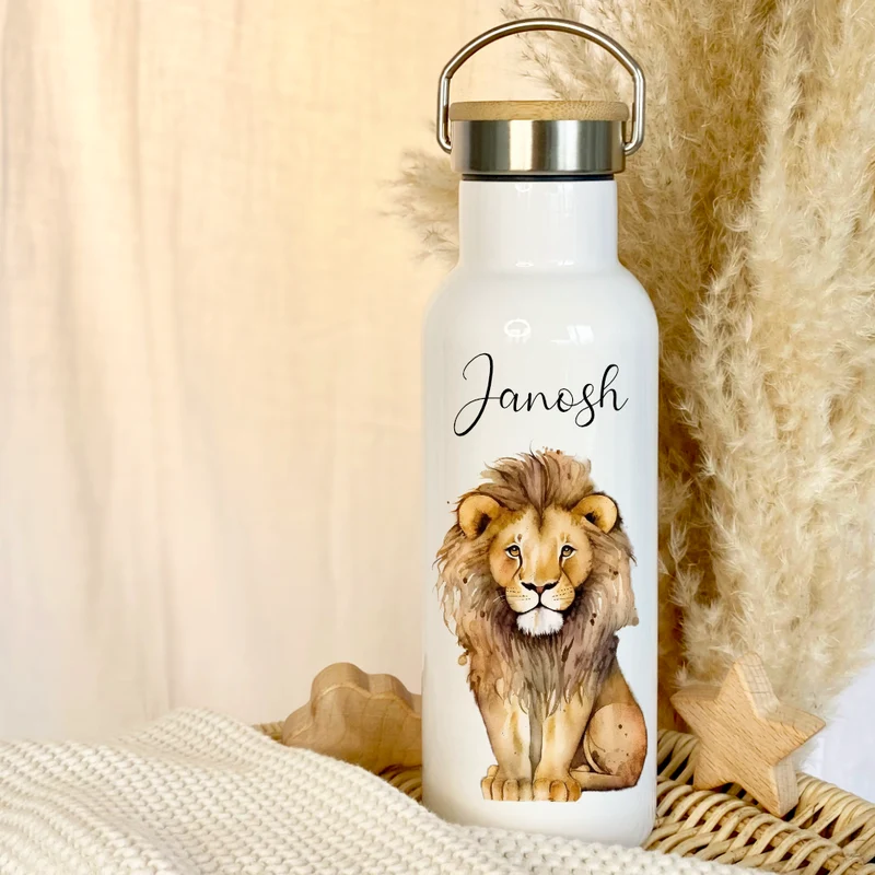 Kinder Trinkflasche "Löwe" personalisiert für Jungen / Mädchen mit Namen | Edelstahl Thermosflasche Tiermotiv mit Bambusdeckel | Kita Schule 500ml